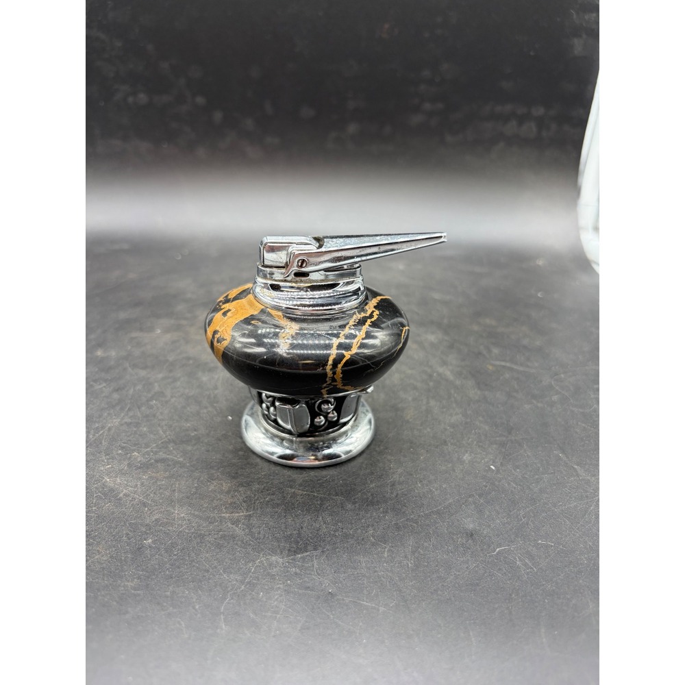 Vintage Ronson Table Lighter Black Gold Marbled Stone Chrome Base Newark NJ USA